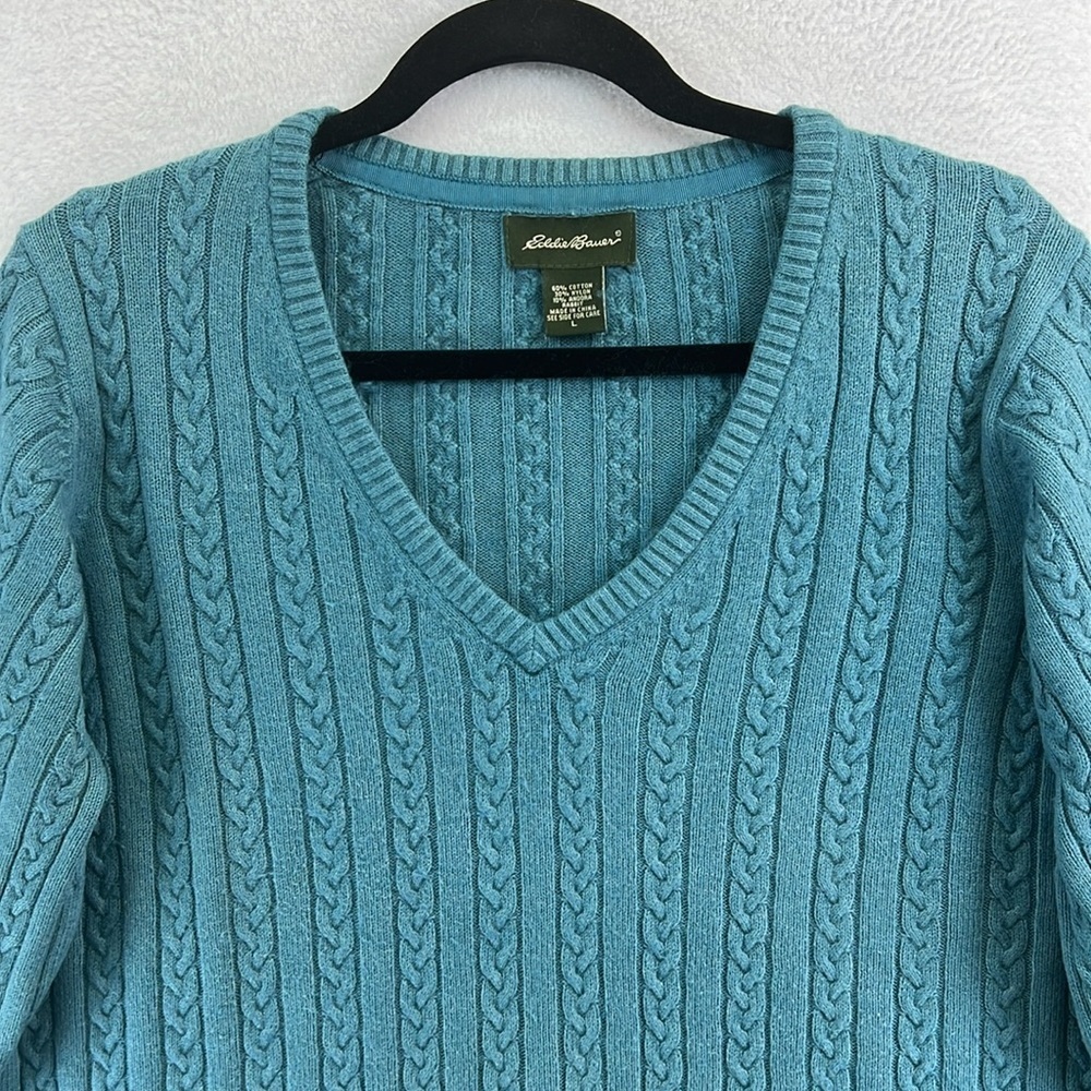 Eddie Bauer Pullover V-Neck Sweater Women’s Large Teal Cotton/Nylon/Angora Cable - Picture 4 of 12